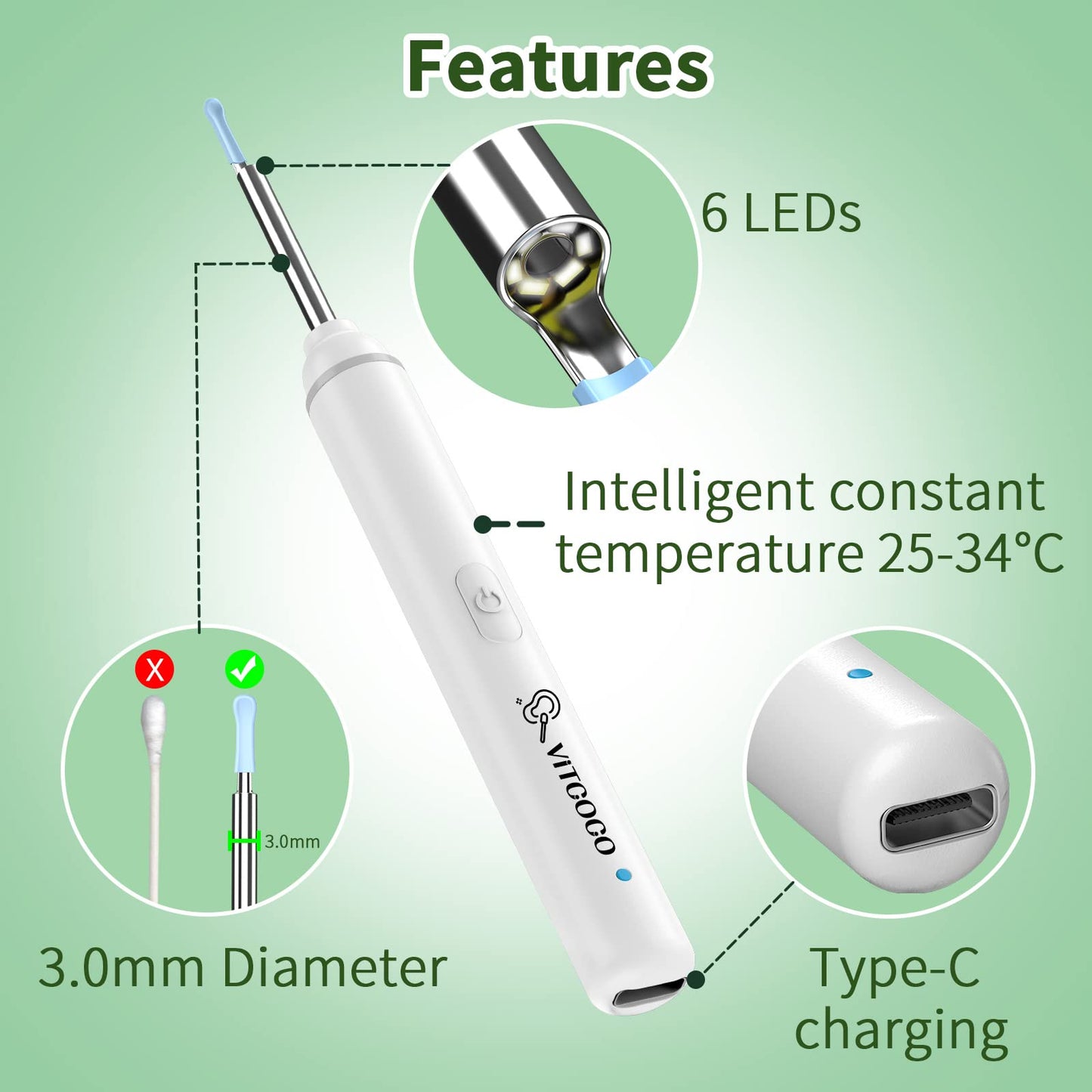 VITCOCO Ear Wax Removal Kit Ear Camera 1920P HD Ear Wax Removal Tool Ear Cleaner Otoscope with 6 LED Lights, 3mm Visual Ear Scope for iPhone iPad Android