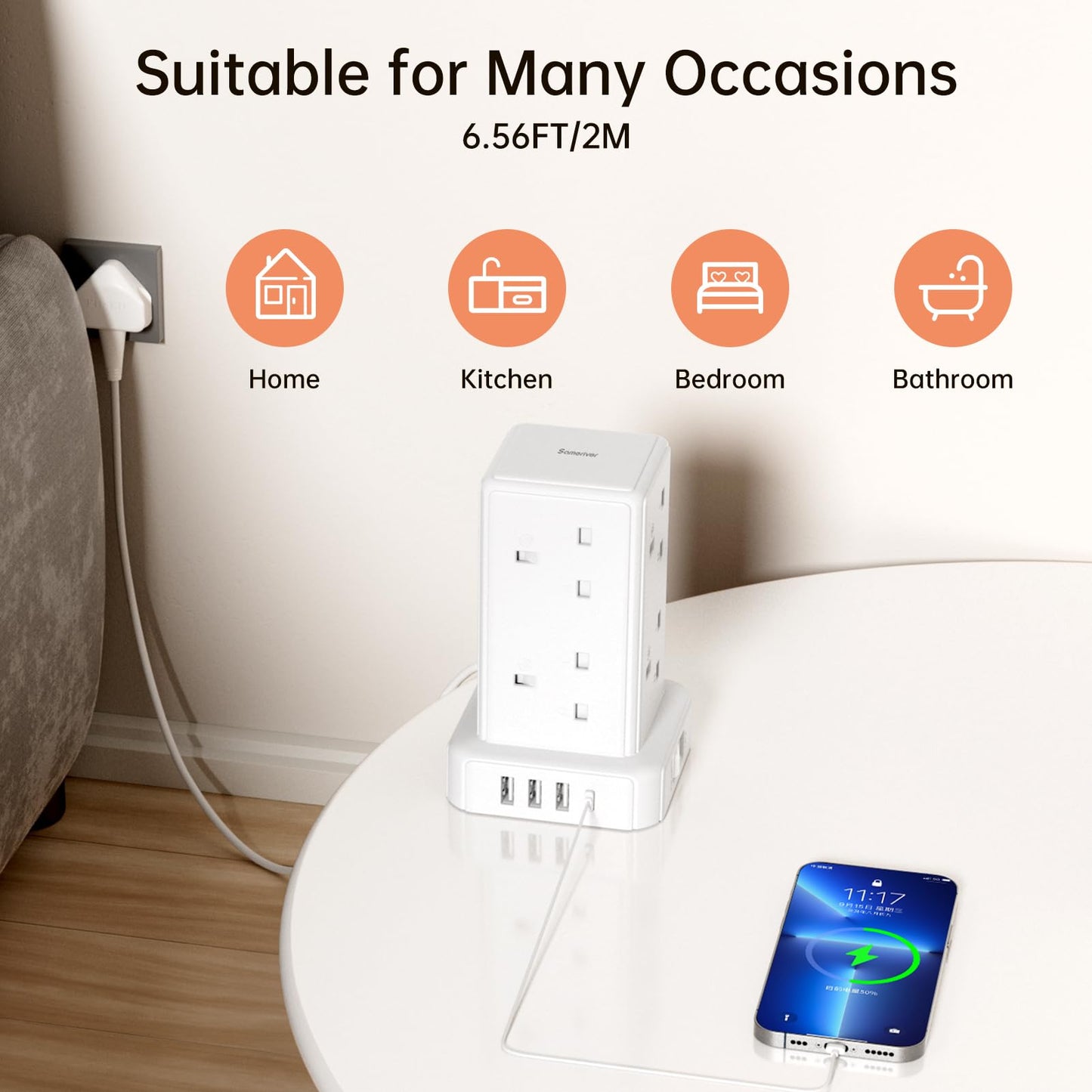 Tower Extension lead with USB Slots, 8 Way Extension Lead Surge Protection with Switch (13A 3250W) 8 AC Outlets & 4 USB Ports Plug Extension Socket Extension Cable 2M Mini Power Strip for Home, Office