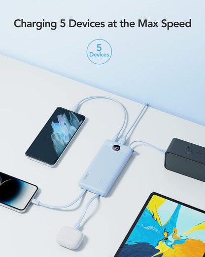 Power Bank With Built in Cables VRURC 10000mAh ,USB C Battery Pack Portable Charger with 5 Outputs 2 Inputs Powerbank LED Display compatible with iPhone 14 13 12 Samsung S21 S20 Xiaomi iPad