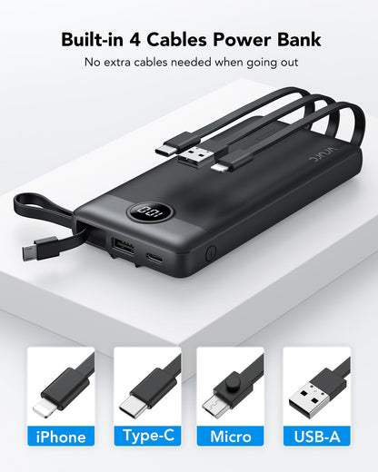 Power Bank With Built in Cables VRURC 10000mAh ,USB C Battery Pack Portable Charger with 5 Outputs 2 Inputs Powerbank LED Display compatible with iPhone 14 13 12 Samsung S21 S20 Xiaomi iPad