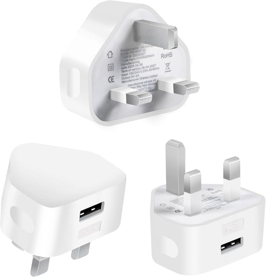 3 pack White Usb Plug For Iphone Plugs Uk 3 Pin Usb Adapter Plug Uk Usb3 Pack Wall Plug-Usb Charger Plug Uk Mobile Phone Mains Chargers Usb Plugs Compatible With Other Mobiles/Iphone/Samsung/Ipads