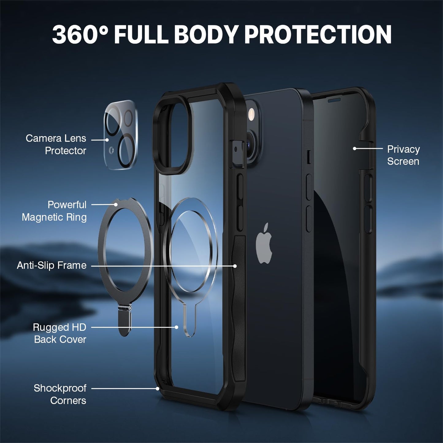 CENHUFO Compatible with iPhone 15 Pro Case Built-in Privacy Screen Protector with Magnetic Ring Stand and Camera Lens Protector, Clear Back Cover for iPhone 15 Pro Privacy Case