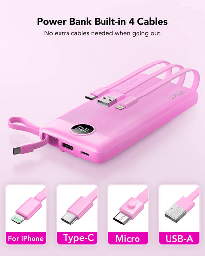 Power Bank With Built in Cables VRURC 10000mAh ,USB C Battery Pack Portable Charger with 5 Outputs 2 Inputs Powerbank LED Display compatible with iPhone 14 13 12 Samsung S21 S20 Xiaomi iPad