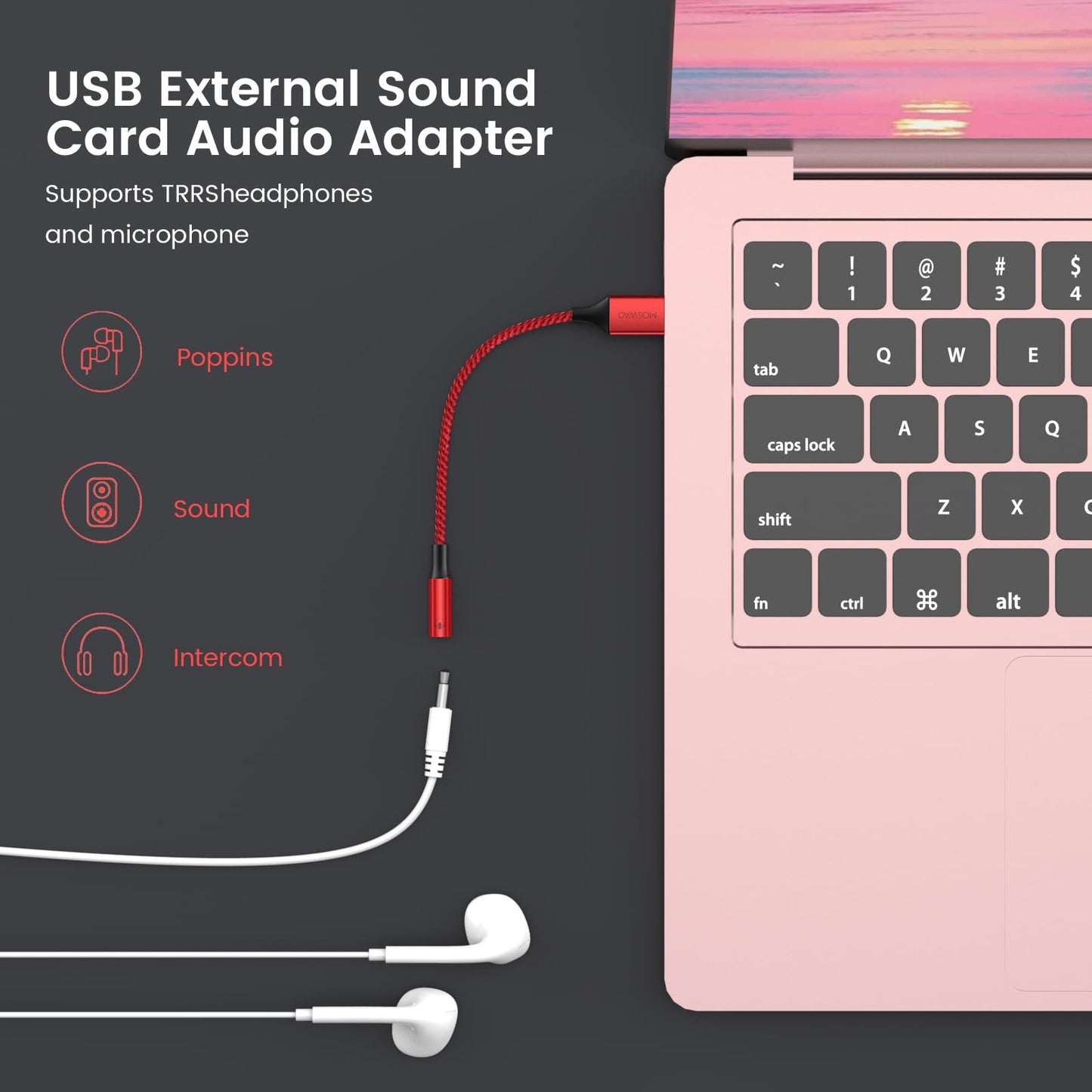 MOSWAG USB to 3.5mm Jack Audio Adapter,External Sound Card USB-A to Audio Jack Adapter with 3.5mm Aux Stereo Converter Compatible with Headset,PC,Laptop,Linux,Desktops,PS4 and More Device