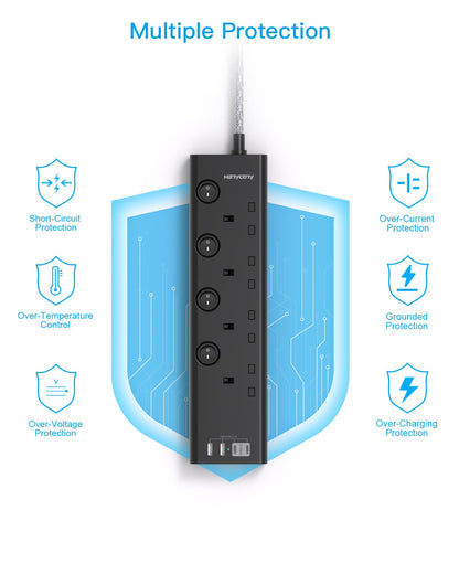 Extension Lead with 4 USB Slots(2 USB C), 4 Way Plug Extension Socket with Individual Switches, 1.8M Extension Cable, Wall Mount Extension Cord