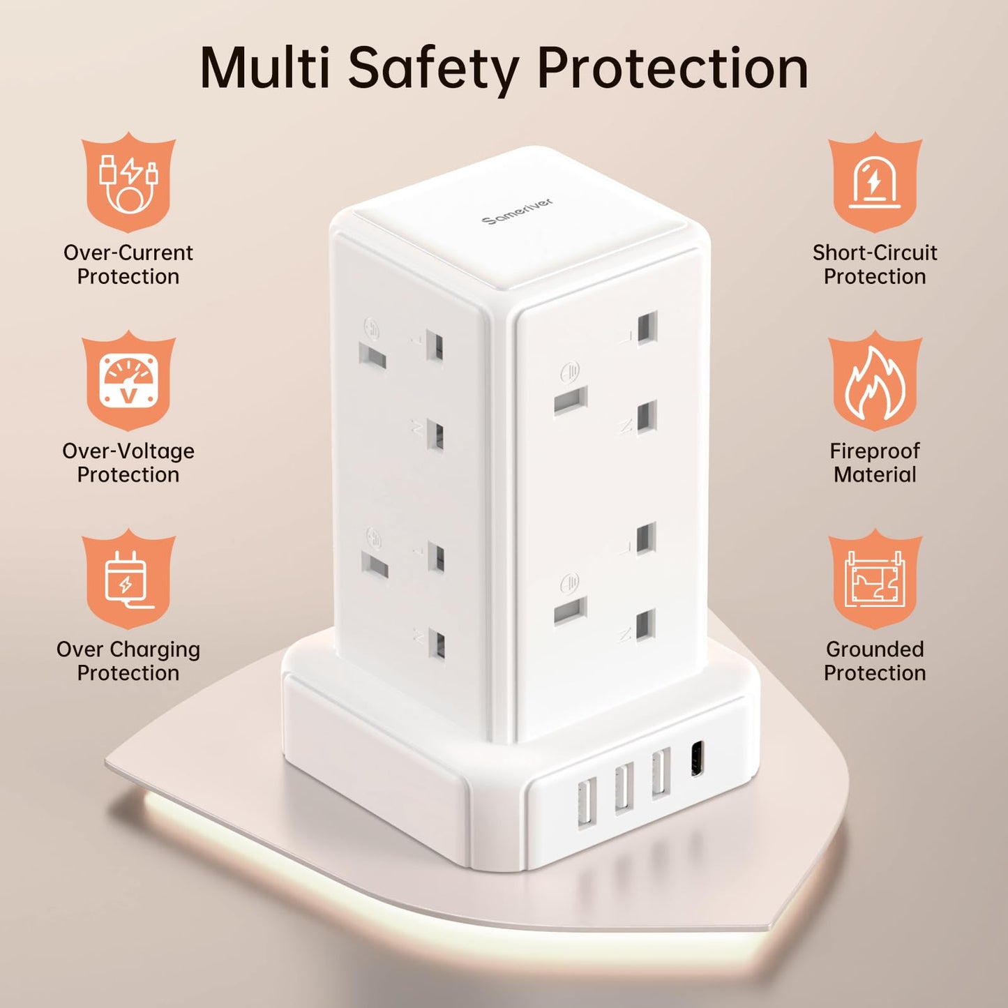 Tower Extension lead with USB Slots, 8 Way Extension Lead Surge Protection with Switch (13A 3250W) 8 AC Outlets & 4 USB Ports Plug Extension Socket Extension Cable 2M Mini Power Strip for Home, Office