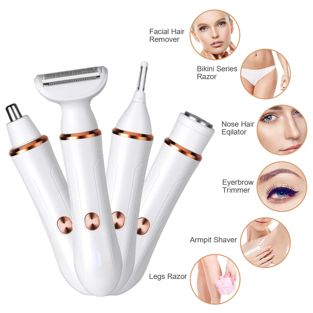 ACWOO Cordless 4 in 1 Electric Lady Shaver for Women, Rechargeable Painless Razor Bikini Trimmer Wet and Dry Hair Removal for Face Legs Underarm Nose and Eyebrow