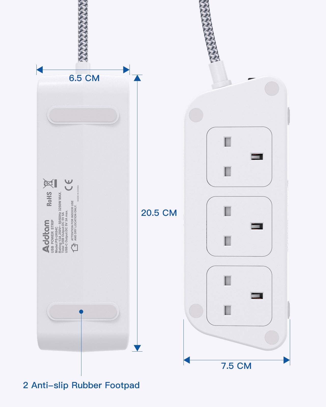 Extension Lead with USB Slots，6 Way Outlets 5 USB(5A, 1 USB- C and 4 USB-A Port) with 1.8M Braided Extension cord, 3250W Overload Protection，Security Surge Protection Plug Extension Socket