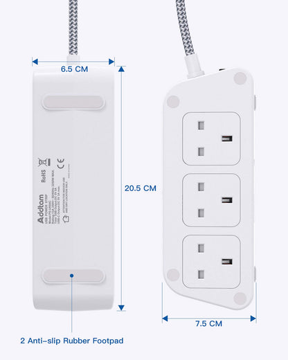 Extension Lead with USB Slots，6 Way Outlets 5 USB with 1.8M Braided Extension cord,Security Surge Protection Plug Extension Socket