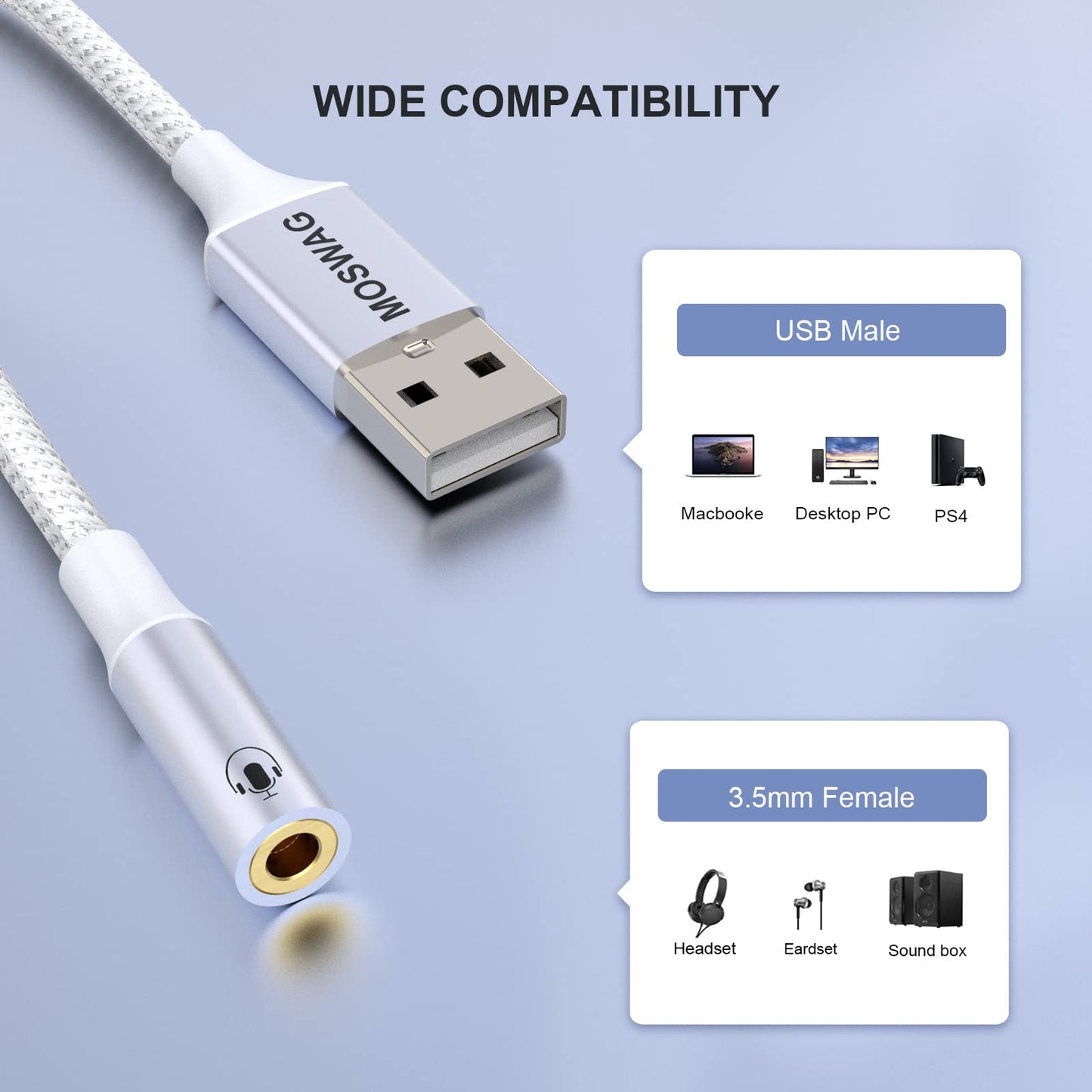 MOSWAG USB to 3.5mm Jack Audio Adapter,External Sound Card USB-A to Audio Jack Adapter with 3.5mm Aux Stereo Converter Compatible with Headset,PC,Laptop,Linux,Desktops,PS4 and More Device