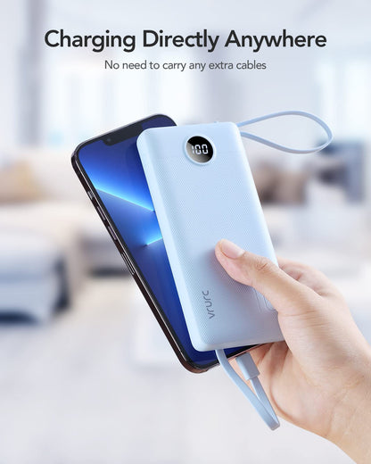 Power Bank With Built in Cables VRURC 10000mAh ,USB C Battery Pack Portable Charger with 5 Outputs 2 Inputs Powerbank LED Display compatible with iPhone 14 13 12 Samsung S21 S20 Xiaomi iPad