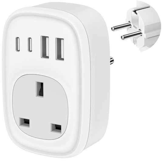 Tusreda UK to European Plug Adapter – USB-C Fast Charger, Grounded Type E/F Travel Adapter for Spain, France, Germany & More
