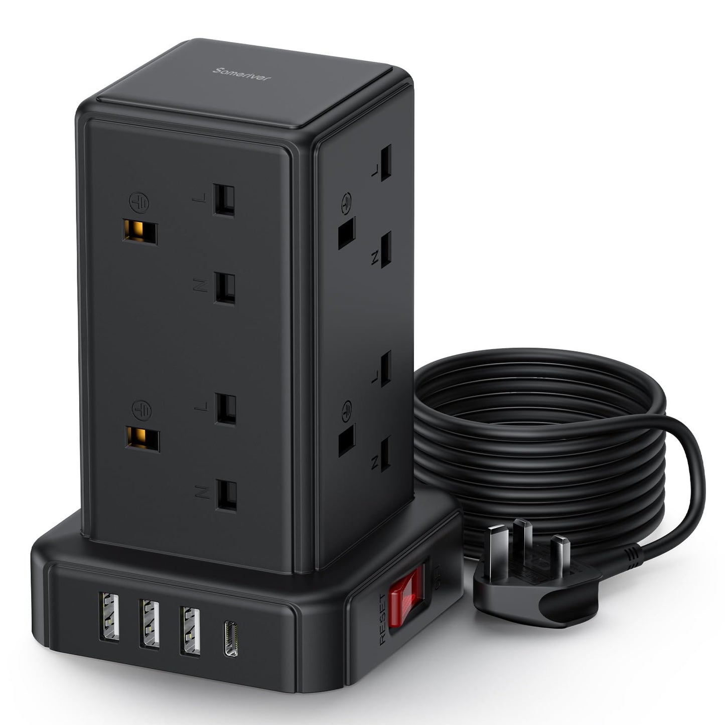 Tower Extension lead with USB Slots, 8 Way Extension Lead Surge Protection with Switch (13A 3250W) 8 AC Outlets & 4 USB Ports Plug Extension Socket Extension Cable 2M Mini Power Strip for Home, Office