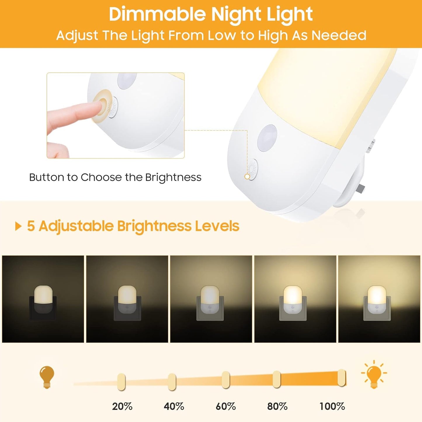 Night Light Plug in Walls, Night Light with 5 Levels of Brightness and Dusk to Dawn Photocell Sensor, Night Light Kids for Children's Room, Stairs, Hallway, Bedrooms, Garage, Warm White