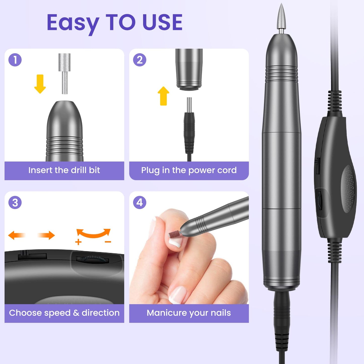 Electric Nail Files, Professional Nail Drill for Acrylic Nails Gel, Electric Nail Drill 20000 RPM, Adjustable Speed E File for Nails, Electric Manicure Pedicure Kit Gifts for Beginner Girl Women Mum