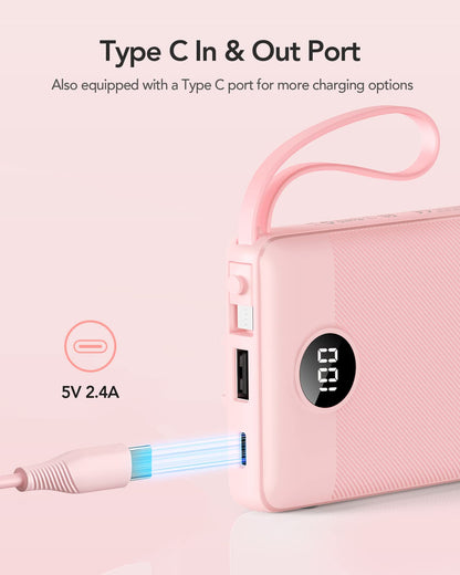 Power Bank With Built in Cables VRURC 10000mAh ,USB C Battery Pack Portable Charger with 5 Outputs 2 Inputs Powerbank LED Display compatible with iPhone 14 13 12 Samsung S21 S20 Xiaomi iPad