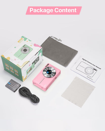 1080P FHD Compact Digital Camera 44MP – Mini Portable Vlogging Camera with 2.4" LCD, 16X Zoom, Battery Included (Pink, No SD Card)