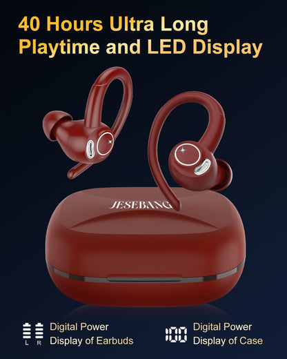 Jesebang Wireless Earbuds Bluetooth 5.3 – HiFi Stereo Sound with ENC Mic, Sport Ear Hooks, 40H Playtime, Dual LED Display