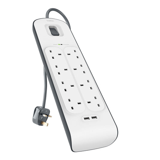 Belkin Extension Lead with USB Slots x 2 (2.4 A Shared), 8 Way/8 Plug Extension, 2m Surge Protected Power Strip - White