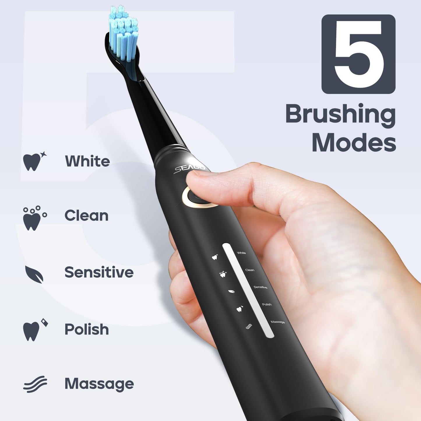 Electric Toothbrush, Rechargeable Power Toothbrush with 8 Brush Heads, Sonic Toothbrushes 40,000 VPM, 5 Cleaning Modes with Teeth Whitening, Gift for Family, Black