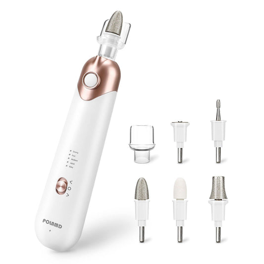 POLAMD Cordless Manicure and Pedicure Set, Rechargeable Electric Nail Files, 5-Speed, LED Light, Durable Attachments, Excellent Home Use Electric Nail Drill for Cuticles Hard Skin Removal