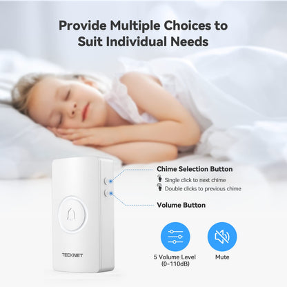 TECKNET Wireless Doorbell – Waterproof, Battery-Operated Cordless Chime Kit with 400M Range, 5 Volume Levels & 60 Chimes