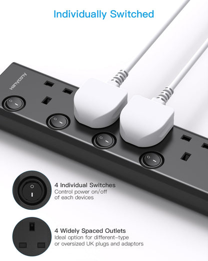 Extension Lead with 4 USB Slots(2 USB C), 4 Way Plug Extension Socket with Individual Switches, 1.8M Extension Cable, Wall Mount Extension Cord