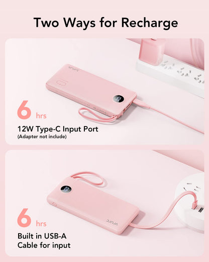 Power Bank With Built in Cables VRURC 10000mAh ,USB C Battery Pack Portable Charger with 5 Outputs 2 Inputs Powerbank LED Display compatible with iPhone 14 13 12 Samsung S21 S20 Xiaomi iPad