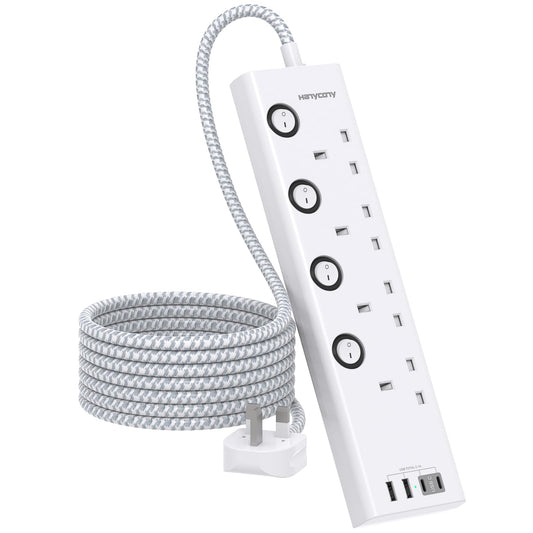Extension Lead with 4 USB Slots(2 USB C), 4 Way Plug Extension Socket with Individual Switches, 1.8M Extension Cable, Wall Mount Extension Cord