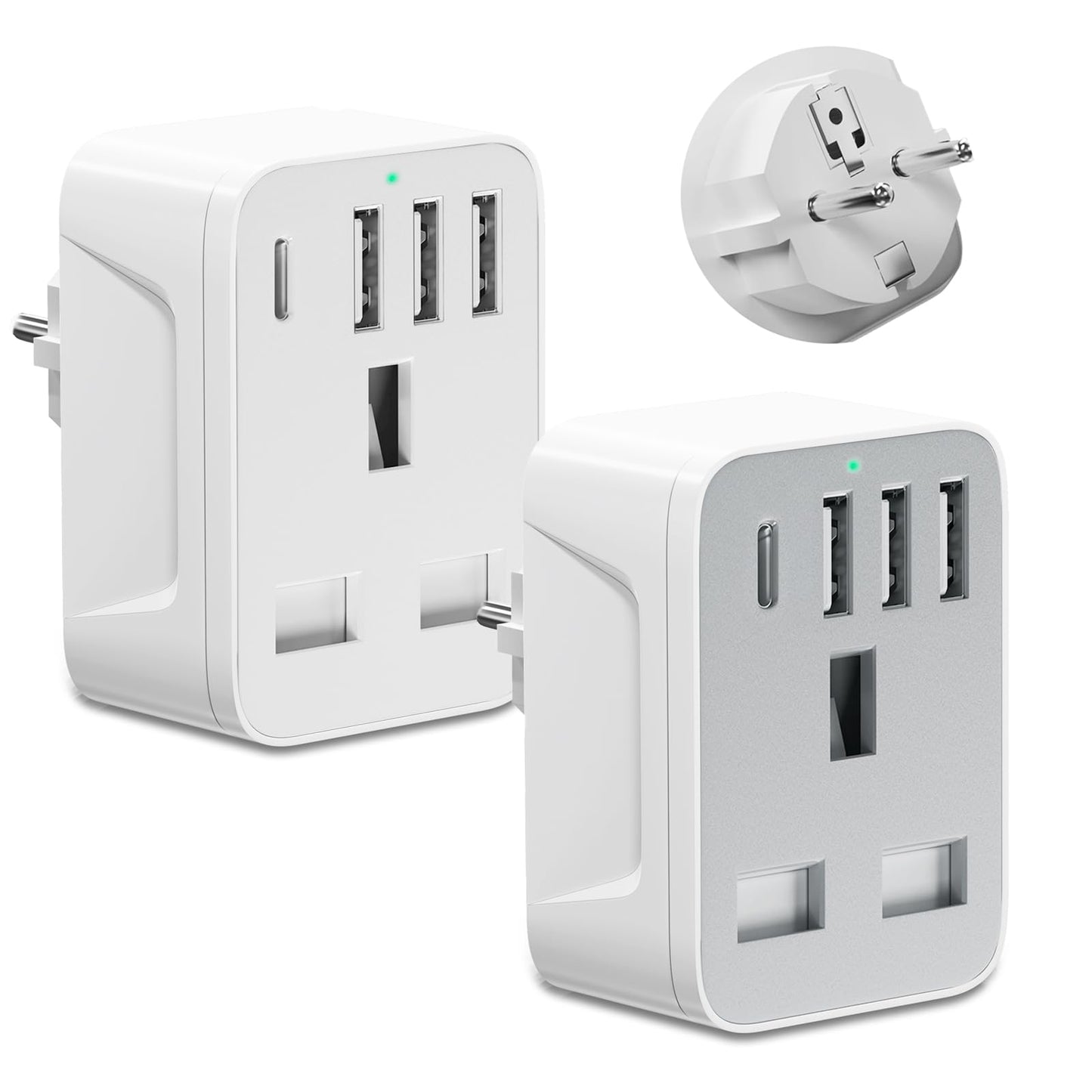 European to uk plug adapter,travel adapter UK to European Plug with 1*USB C & 3*USB A Ports,European Travel Adapter for Germany Spain France Turkey Greece Iceland(Type E/F) (Grey Travel adapter)