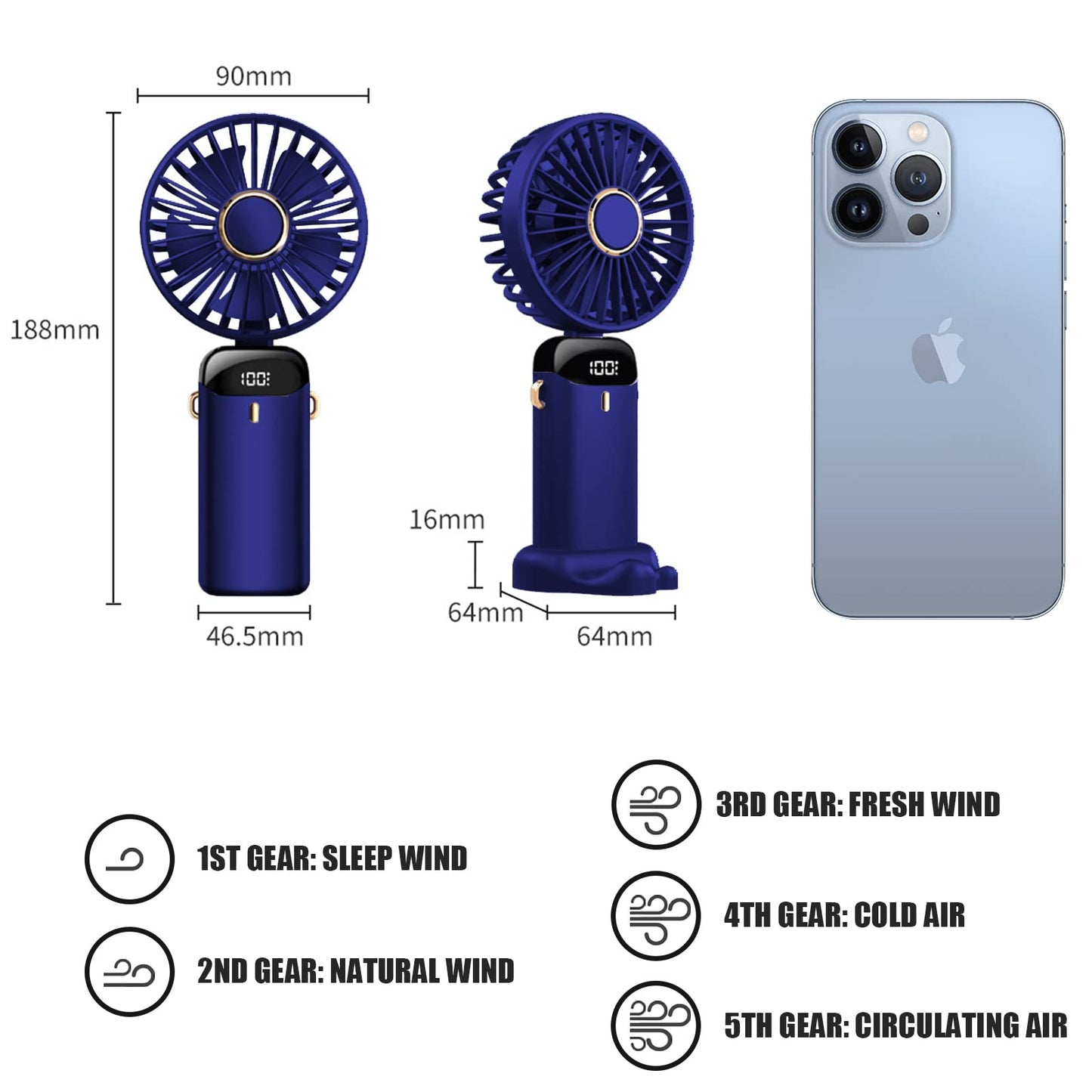 Hand Held Fan,Portable Handheld USB Rechargeable Fans with 5 Speeds,Battery Operated Mini Fan Foldable Desk Desktop LED Display for Home Office Bedroom Outdoor Travel (DarkBlue)