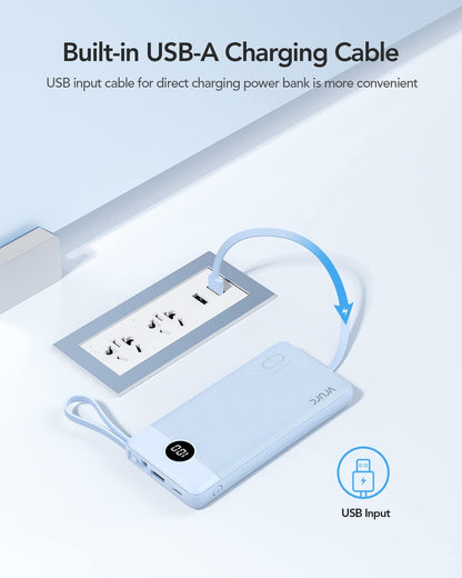 Power Bank With Built in Cables VRURC 10000mAh ,USB C Battery Pack Portable Charger with 5 Outputs 2 Inputs Powerbank LED Display compatible with iPhone 14 13 12 Samsung S21 S20 Xiaomi iPad