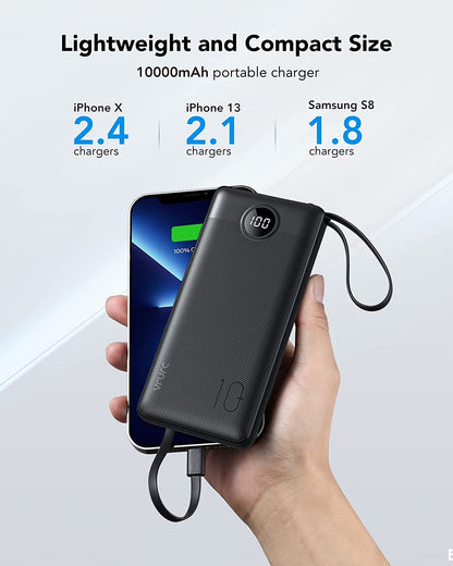 Power Bank With Built in Cables VRURC 10000mAh ,USB C Battery Pack Portable Charger with 5 Outputs 2 Inputs Powerbank LED Display compatible with iPhone 14 13 12 Samsung S21 S20 Xiaomi iPad