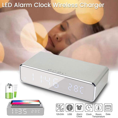 Digital Alarm Clock with Wireless Charging, 2 in 1 LED Bedside Alarm Clocks Wireless Charger with Temperature Display, Super Fast Wireless Charger Station for Teens Adults Kids Heavy Sleepers