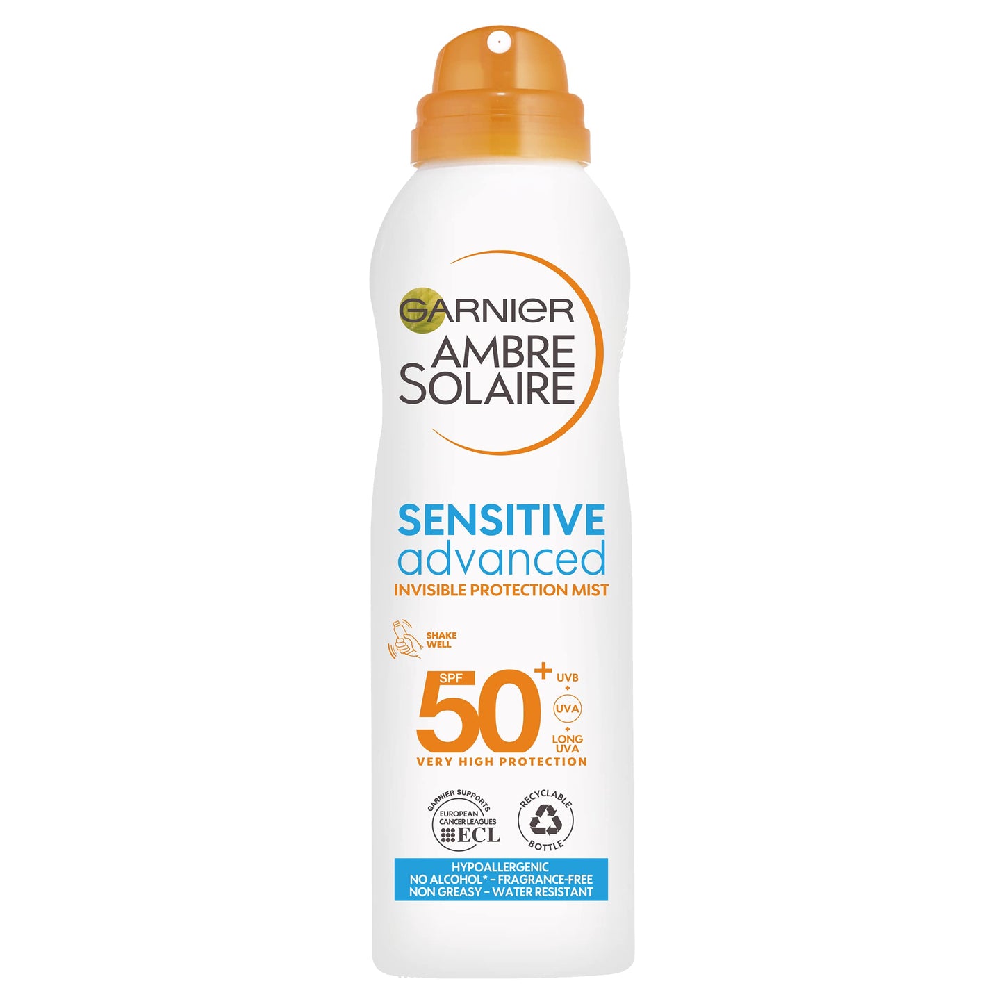 Garnier Ambre Solaire SPF 50+ Sensitive Advanced Dry Mist Sun Cream Spray, Water Resistant & Non Greasy Sunscreen, Fragrance Free, UVA & UVB Protection, Approved by Cruelty Free International, 150ml