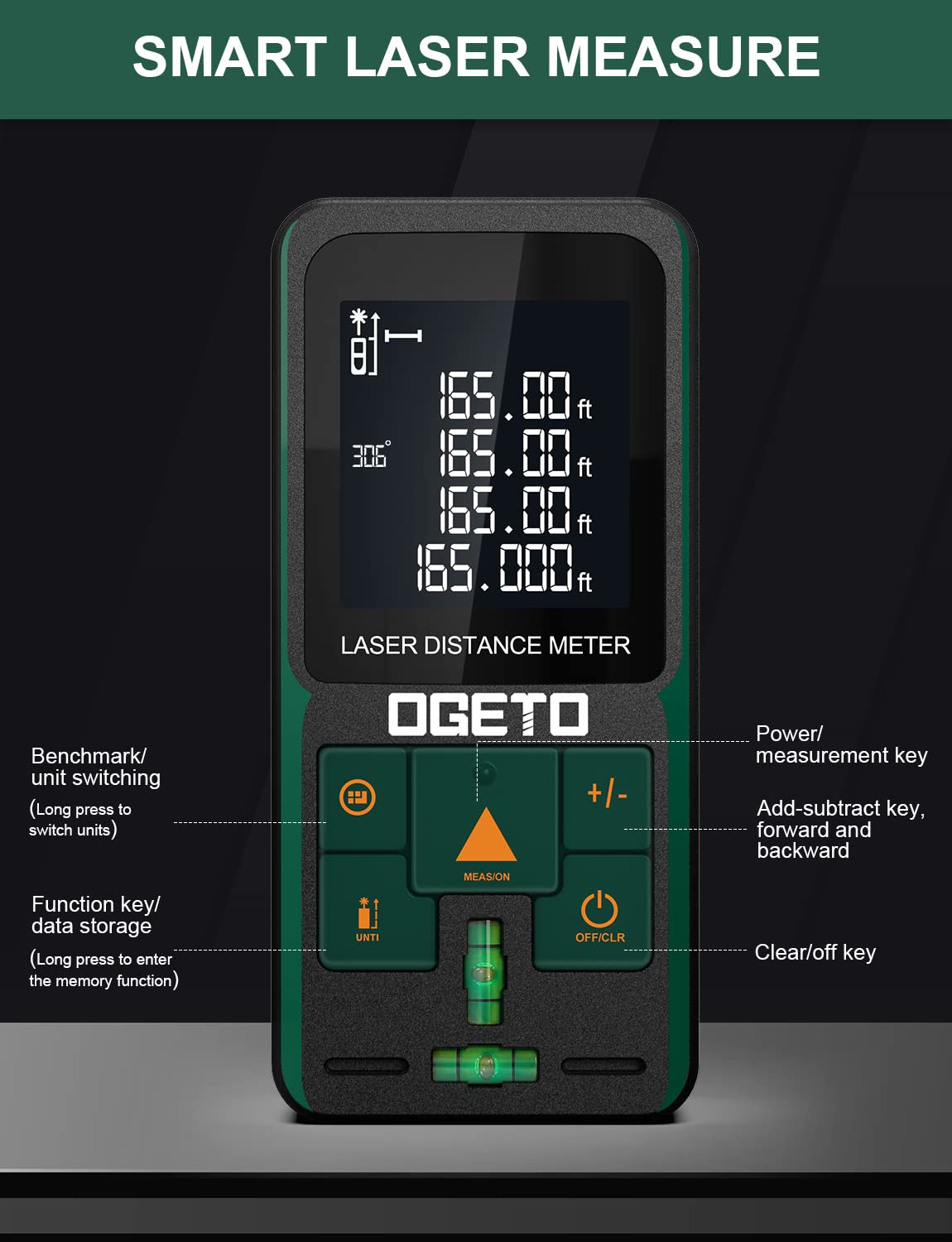 Laser Measure, OGETO Laser Distance Meter Device with Electronic Angle Sensor Portable Digital Measure Tool Range Finder with Bubble Levels and Large LCD Backlit