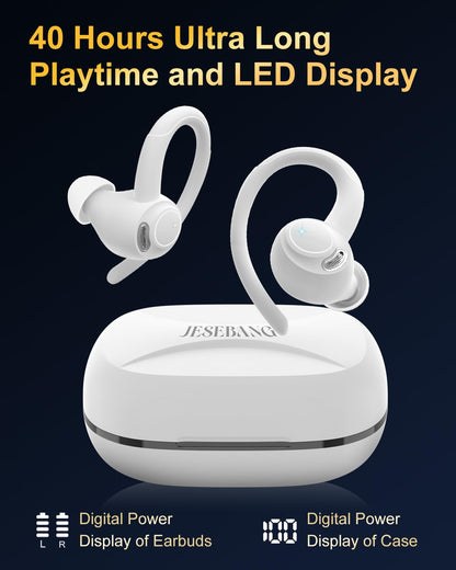Jesebang Wireless Earbuds Bluetooth 5.3 – HiFi Stereo Sound with ENC Mic, Sport Ear Hooks, 40H Playtime, Dual LED Display