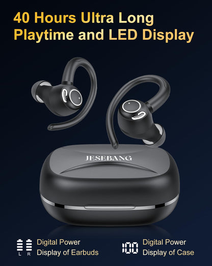 Jesebang Wireless Earbuds Bluetooth 5.3 – HiFi Stereo Sound with ENC Mic, Sport Ear Hooks, 40H Playtime, Dual LED Display