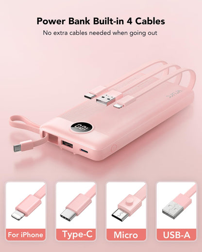 Power Bank With Built in Cables VRURC 10000mAh ,USB C Battery Pack Portable Charger with 5 Outputs 2 Inputs Powerbank LED Display compatible with iPhone 14 13 12 Samsung S21 S20 Xiaomi iPad