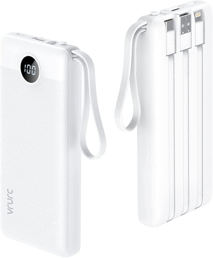 Power Bank With Built in Cables VRURC 10000mAh ,USB C Battery Pack Portable Charger with 5 Outputs 2 Inputs Powerbank LED Display compatible with iPhone 14 13 12 Samsung S21 S20 Xiaomi iPad