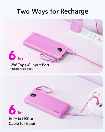 Power Bank With Built in Cables VRURC 10000mAh ,USB C Battery Pack Portable Charger with 5 Outputs 2 Inputs Powerbank LED Display compatible with iPhone 14 13 12 Samsung S21 S20 Xiaomi iPad