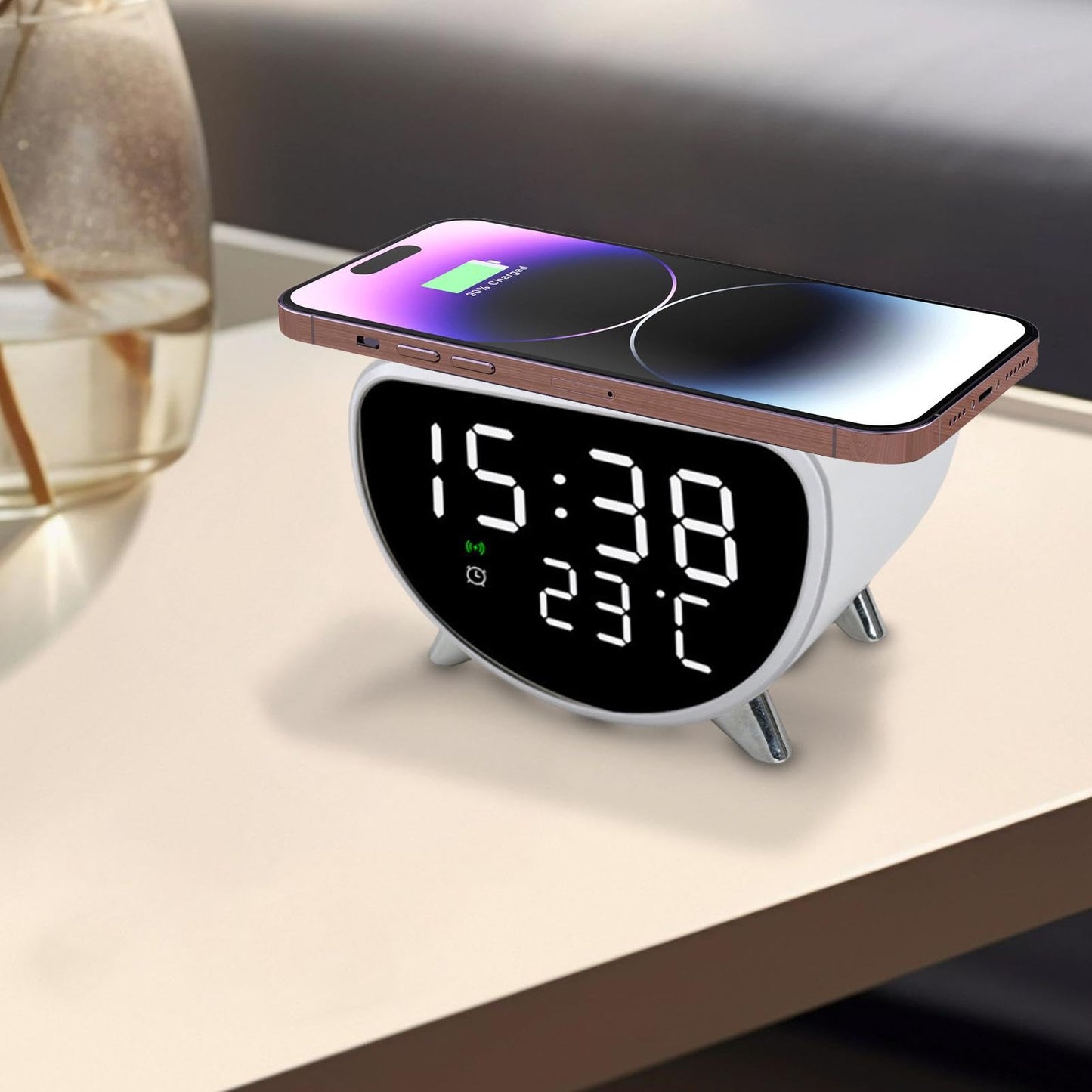 Desk Clock with Wireless Charging - Desk LED Alarm Clock with Temperature Meter | 15W Fast Wireless Charger Station, Sleep Timer for Bedroom, Desk