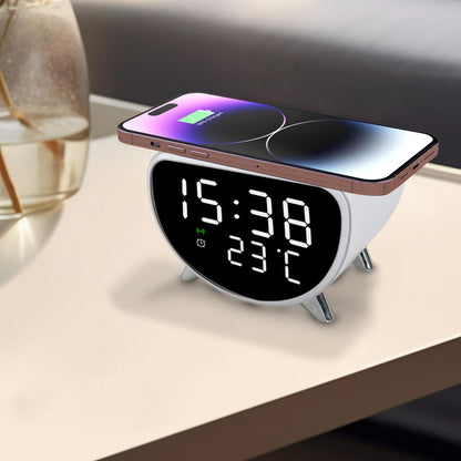 Desk Clock with Wireless Charging - Desk LED Alarm Clock with Temperature Meter | 15W Fast Wireless Charger Station, Sleep Timer for Bedroom, Desk