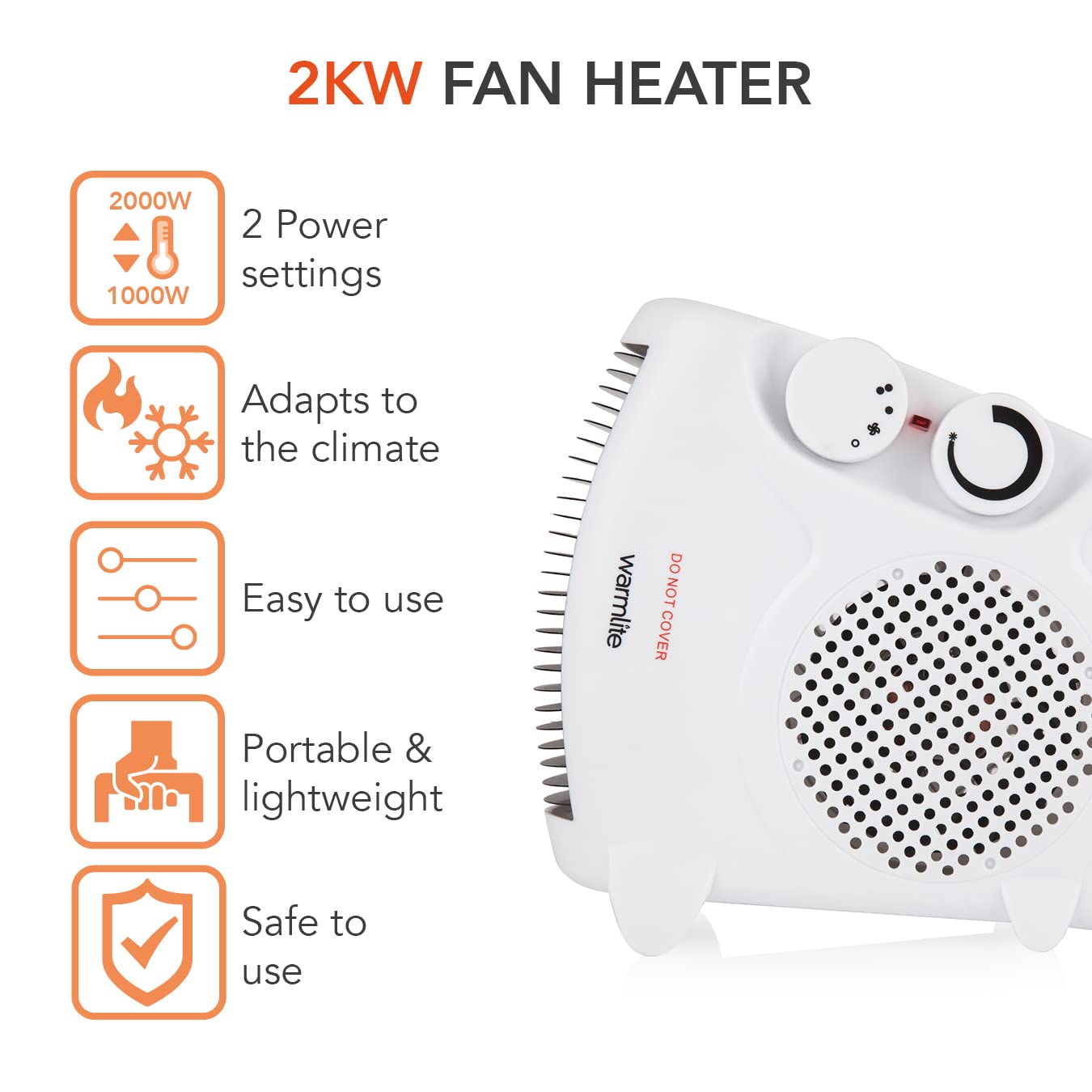 Warmlite WL44001 Thermo Fan Heater with 2 Heat Settings and Overheat Protection, 2000W, White