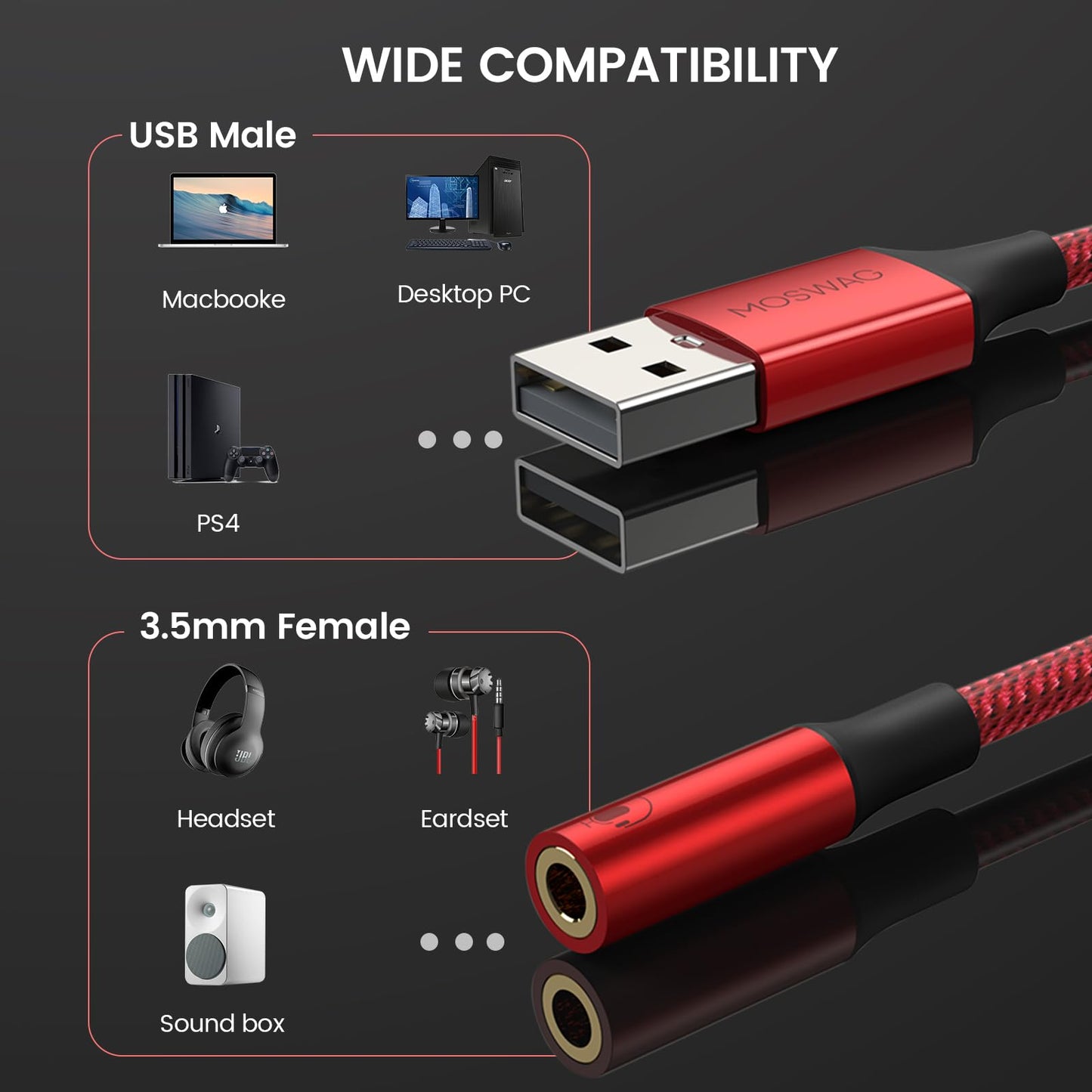 MOSWAG USB to 3.5mm Jack Audio Adapter,External Sound Card USB-A to Audio Jack Adapter with 3.5mm Aux Stereo Converter Compatible with Headset,PC,Laptop,Linux,Desktops,PS4 and More Device