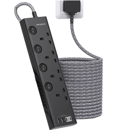 Extension Lead with 4 USB Slots(2 USB C), 4 Way Plug Extension Socket with Individual Switches, 1.8M Extension Cable, Wall Mount Extension Cord