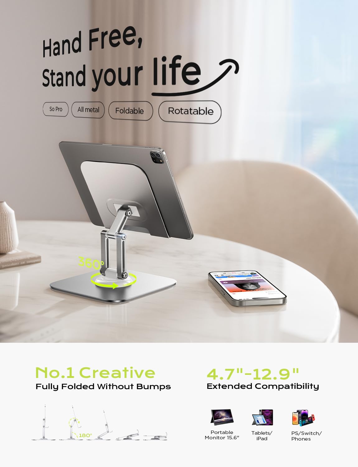 LISEN Fits iPad Stand Holder 360° Adjustable Tablet Stand Foldable Fits iPad Stand for Desk Rotating Portable Monitor Stand for 2024 iPad Accessories Tablets/PS/Switch other 4.7"-12.9" Device