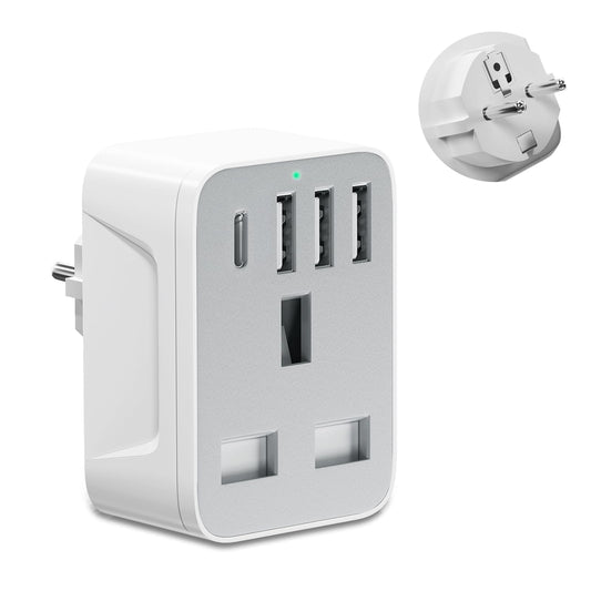 European to uk plug adapter,travel adapter UK to European Plug with 1*USB C & 3*USB A Ports,European Travel Adapter for Germany Spain France Turkey Greece Iceland(Type E/F) (Grey Travel adapter)