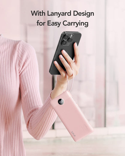 Power Bank With Built in Cables VRURC 10000mAh ,USB C Battery Pack Portable Charger with 5 Outputs 2 Inputs Powerbank LED Display compatible with iPhone 14 13 12 Samsung S21 S20 Xiaomi iPad