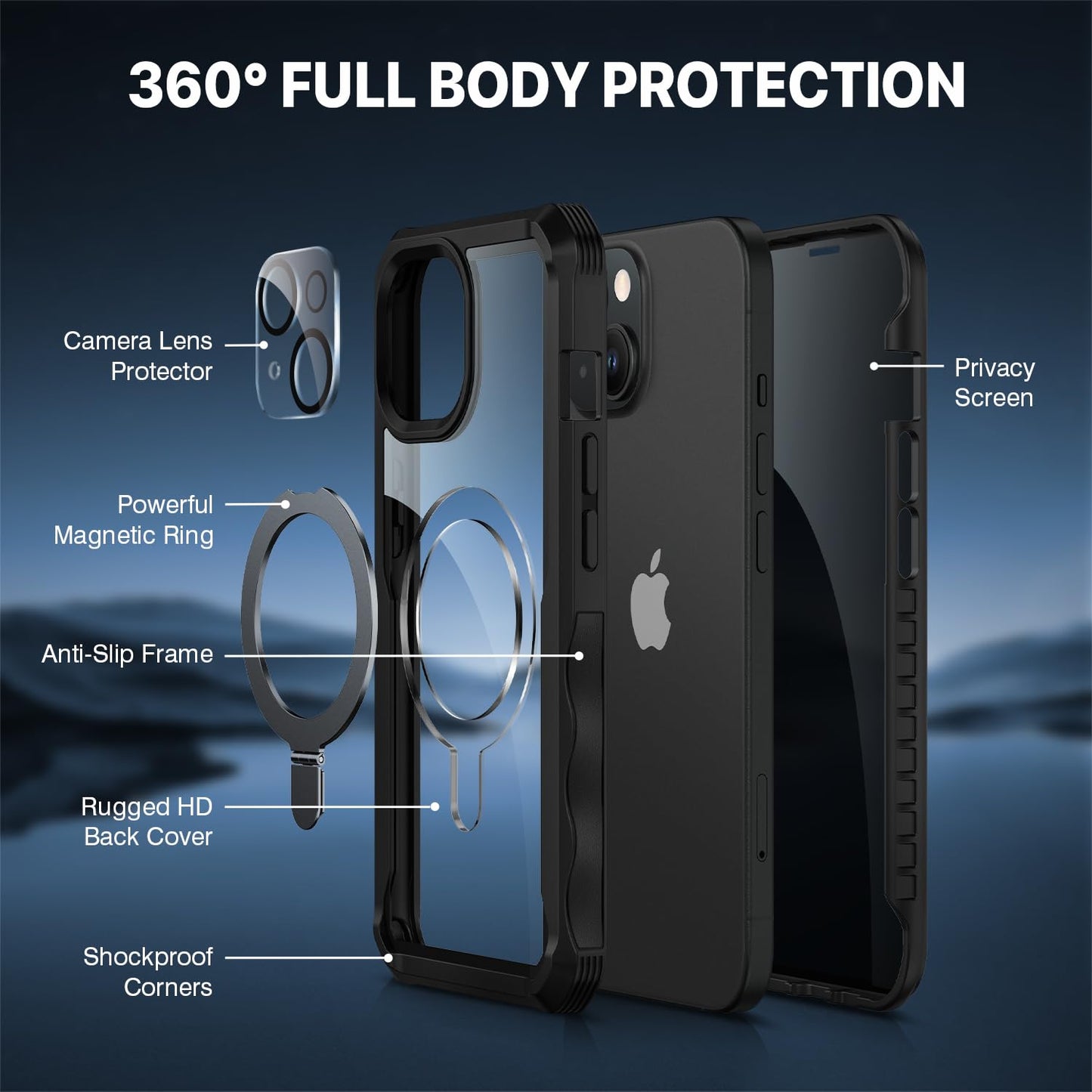 CENHUFO Compatible with iPhone 15 Pro Case Built-in Privacy Screen Protector with Magnetic Ring Stand and Camera Lens Protector, Clear Back Cover for iPhone 15 Pro Privacy Case